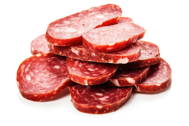 Slices of cured sausage on white background