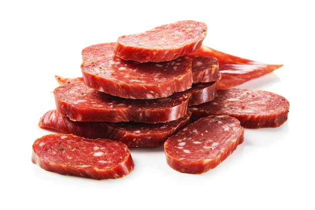 Slices of cured sausage on white background