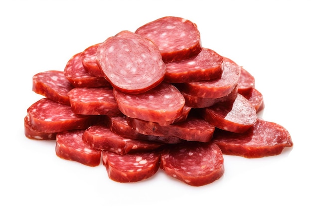 Slices of cured sausage on white background