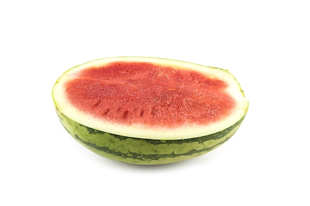 slices cut in harf of red seedless watermelon isolated on white background