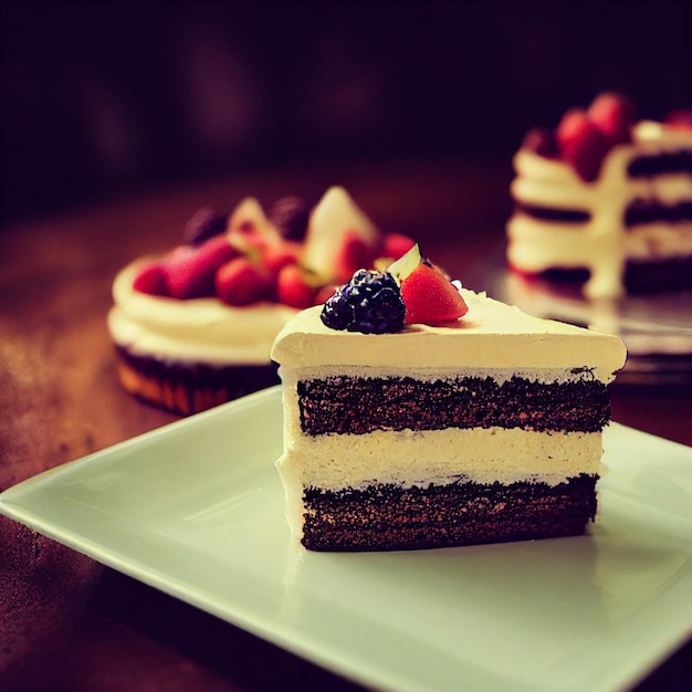 Slices of delicious cake decorate with pastry cream and berries on wood table