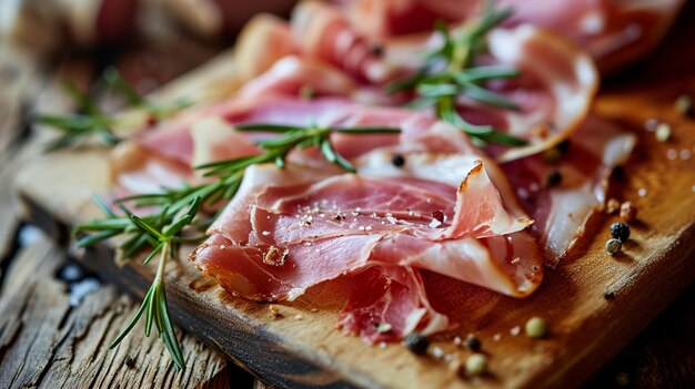 Slices of delicious cured ham and rosemary on a wooden board