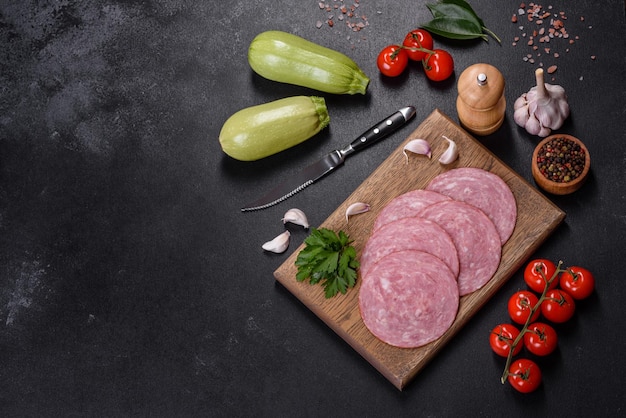 Slices of delicious fresh sausage on a wooden cutting board