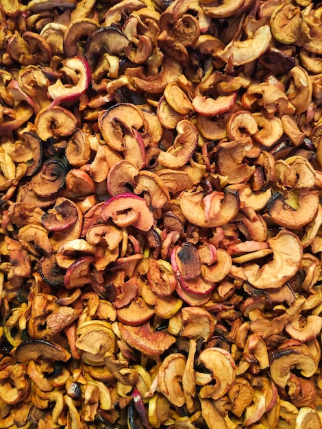 Slices of dried organic apples close up