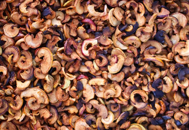 Slices of dried organic apples close up