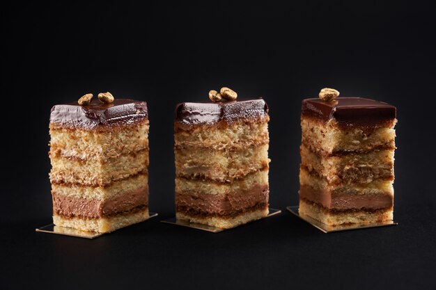 Slices of fresh brown chocolate cake with glazed top and coffee seed