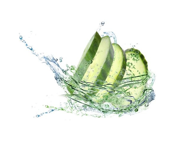 Slices of fresh cucumber and splashing water on white background