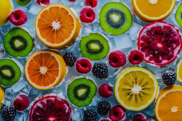 Slices fresh fruits background of the top view