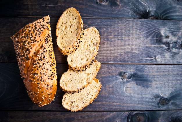 Photo slices of fresh homemade baguette