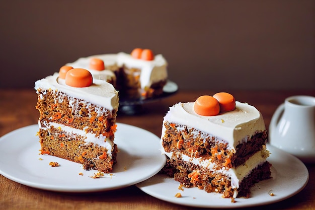 Slices of fresh homemade carrot cake in plate on wooden table