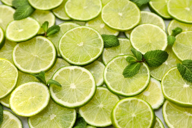 Slices of fresh juicy limes as background closeup