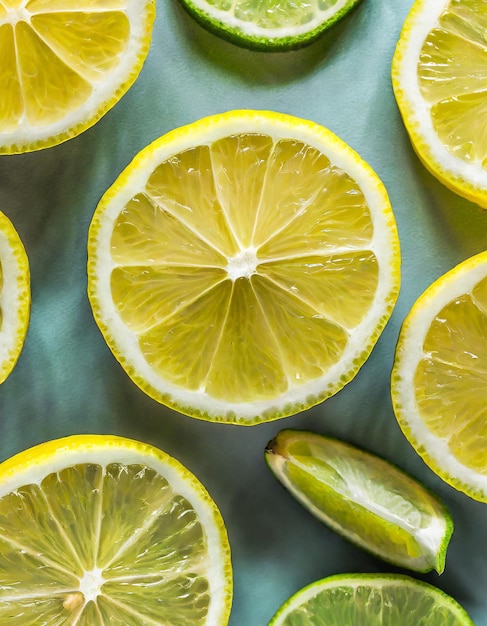 Slices of fresh juicy yellow lemons lime fruit cut texture citrus section pattern vibrant