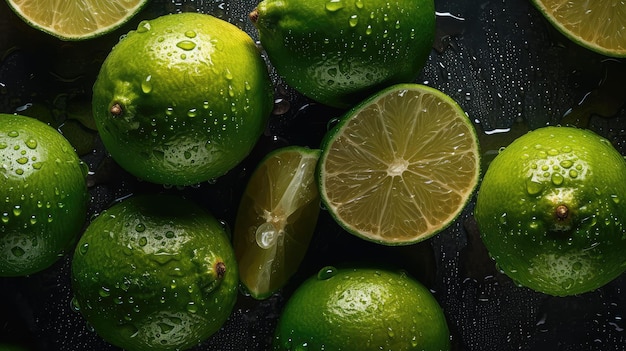 Slices of fresh and ripe lime with cubes splashing water and mint leaves thrown in the air flying