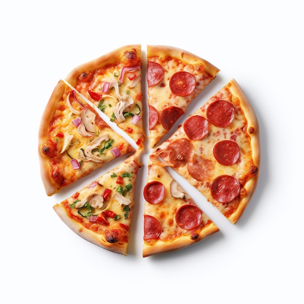 кусочки свежей круглой пиццы с куриным мясом, овощами, грибами и сыром, вид сверху на белом