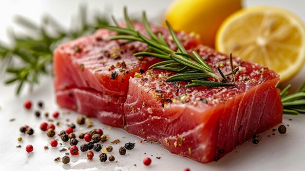 Photo slices of fresh salmon with rosemary lemon and pepper