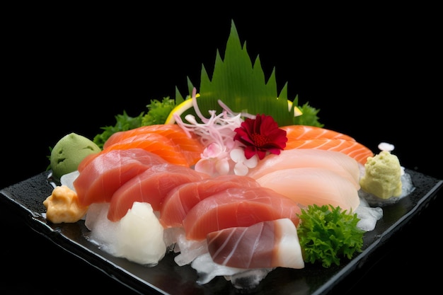 Slices of fresh sashimi arranged on a bed of ice garnished with wasabi and ginger