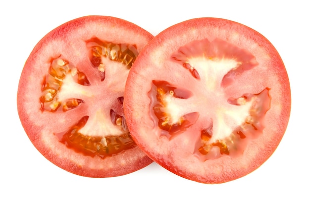 Slices of fresh tomato isolated on white background