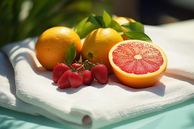 Photo slices of fruits on plate near straw and summer word