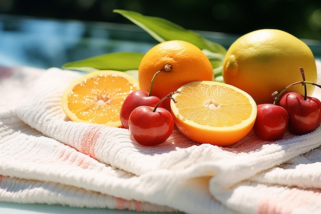 Slices of fruits on plate near straw and summer word