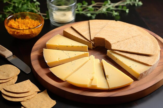 Foto fette di gouda posizionate in cima a un ventaglio di cracker di segale creati con ai generativi