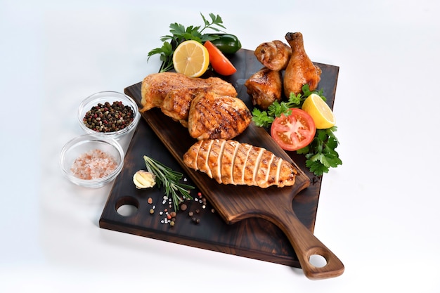 Slices of grilled chicken breast with ingredient on wooden cutting board on white table