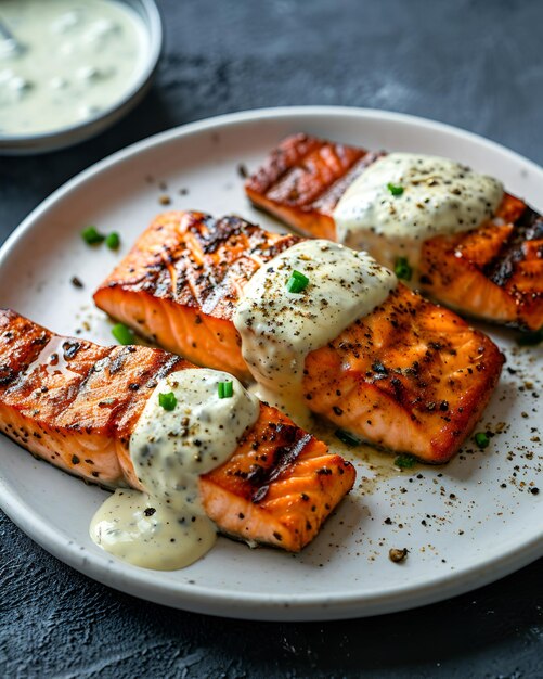 Slices of grilled salmon with creamy mustard chive sauce sprinkled with pepper on a white plate