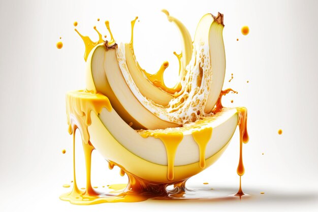 Photo slices of healthy and tasty banana drizzled with banana caramel on white background