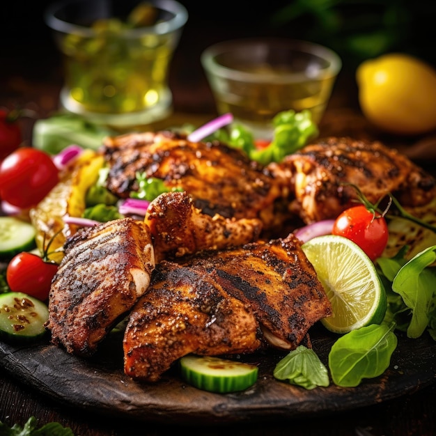 Slices of homemade jerk chicken fillets marinated in jerk seasoning AI Generated