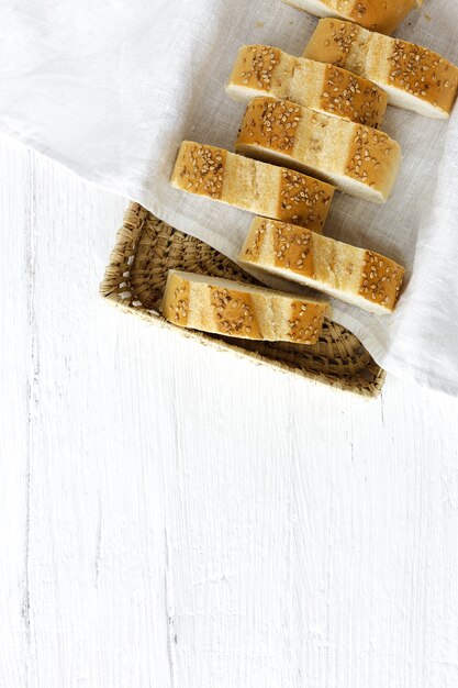 Photo slices of homemade natural bread from above. flat lay. top view