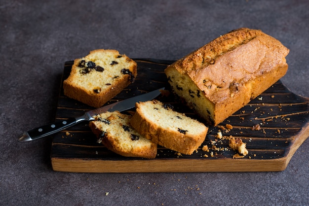 Slices of homemade raisin loaf cake