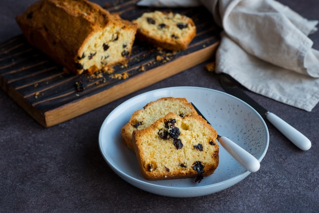 Slices of homemade raisin loaf cake