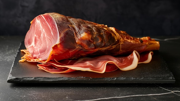 Slices of jamon serrano ham or prosciutto crudo parma on Wooden background Top view