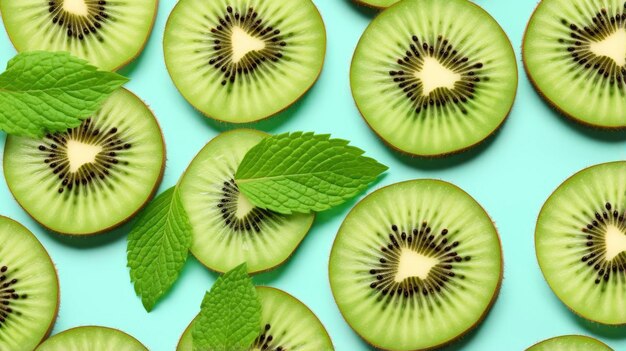 Slices of kiwi fruit and green mint leaves on a light pastel blue background