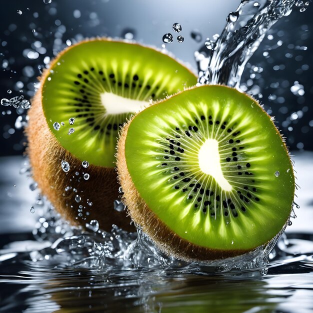 Slices of Kiwi splash onto water