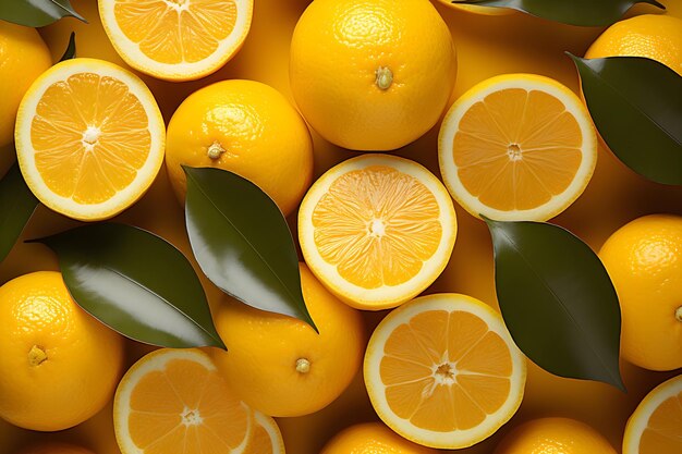 Slices and leaves of oranges on yellow background