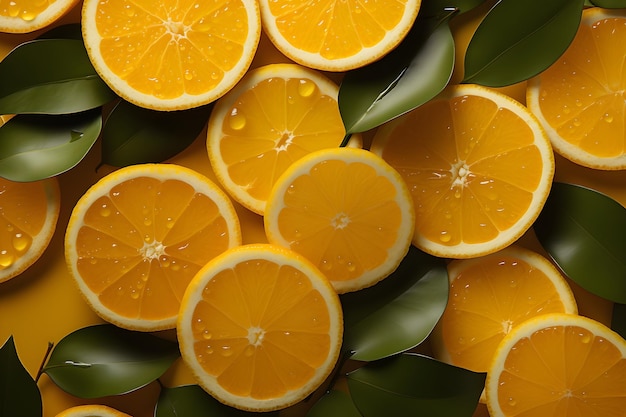 slices and leaves of oranges on yellow background