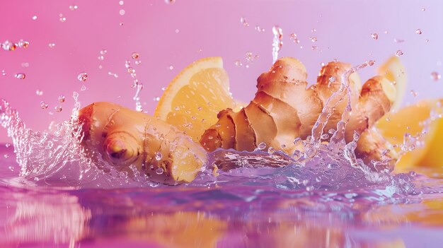 slices of lemon ginger in splashes of water fly