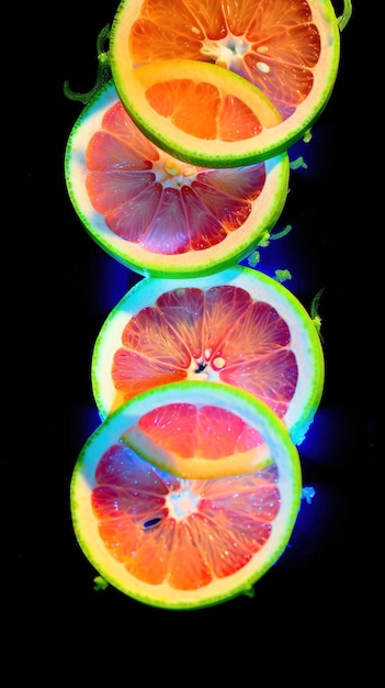 Foto fette di arancia limone lime e pompelmo su sfondo nero ai generativa