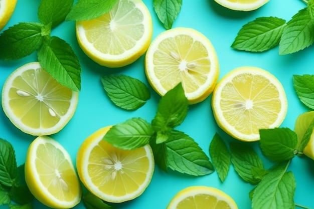 Slices of lemons and leaves on a blue background