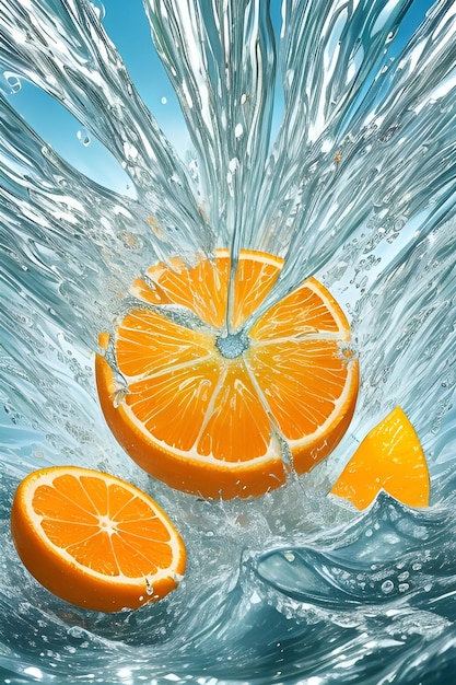 オレンジのスライスが水しぶきとともに水に落ちる