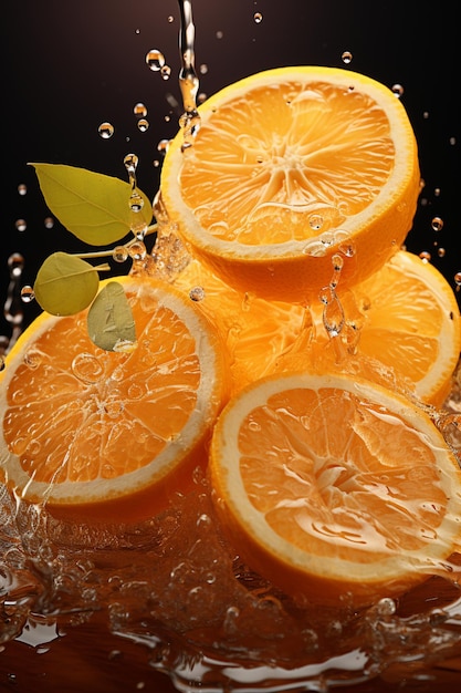 浅いオレンジ色のテーブルに落ちるオレンジのスライス ダークオレンジ背景