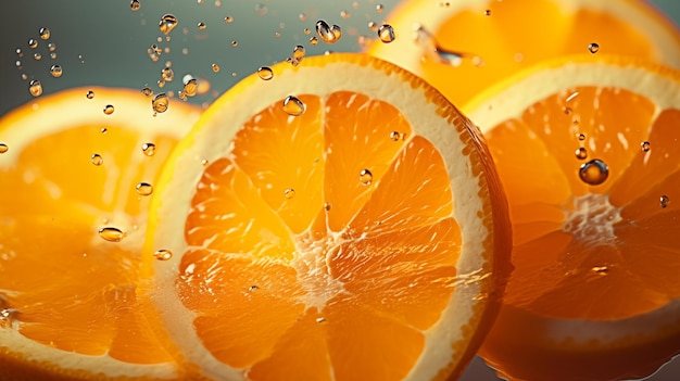 거품이 있는 밝은 노란색 거품 물 안에 있는 오렌지 조각 음료와 음식 개념