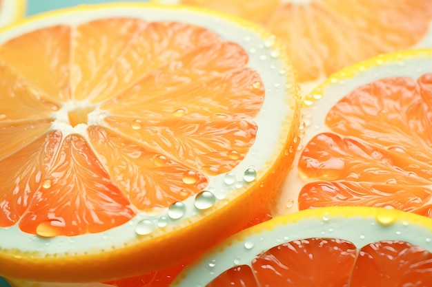 Photo slices of orange and lemon with water drops on background ai generated
