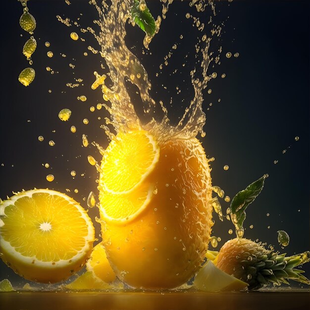 Slices of orange and lemon with water splash on dark background