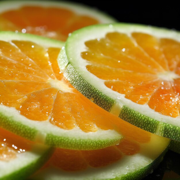 Photo slices of orange and lime on a black background macro