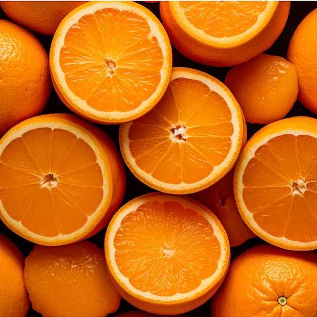 Slices of orange on orange background Flat lay