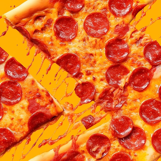 Slices of pepperoni pizza on a yellow surface with melted cheese generative ai