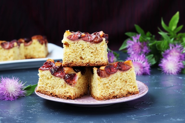 Slices of a plum pie on a plate are located on a dark background Closeup