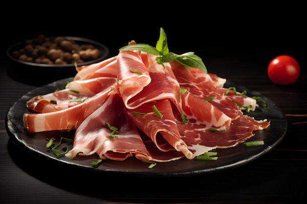 Slices of Prosciutto di Parma on a Black Plate