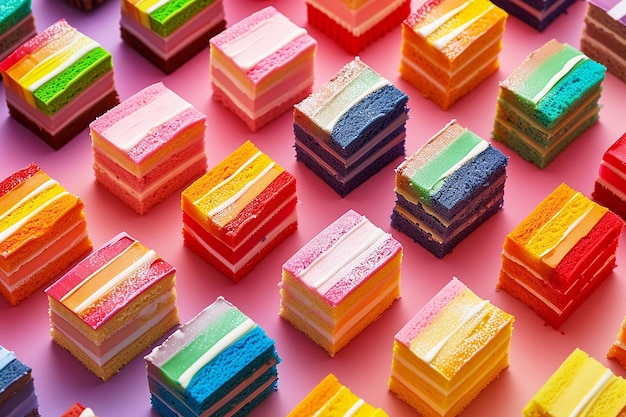 Slices of rainbow mini cakes for LGBT party